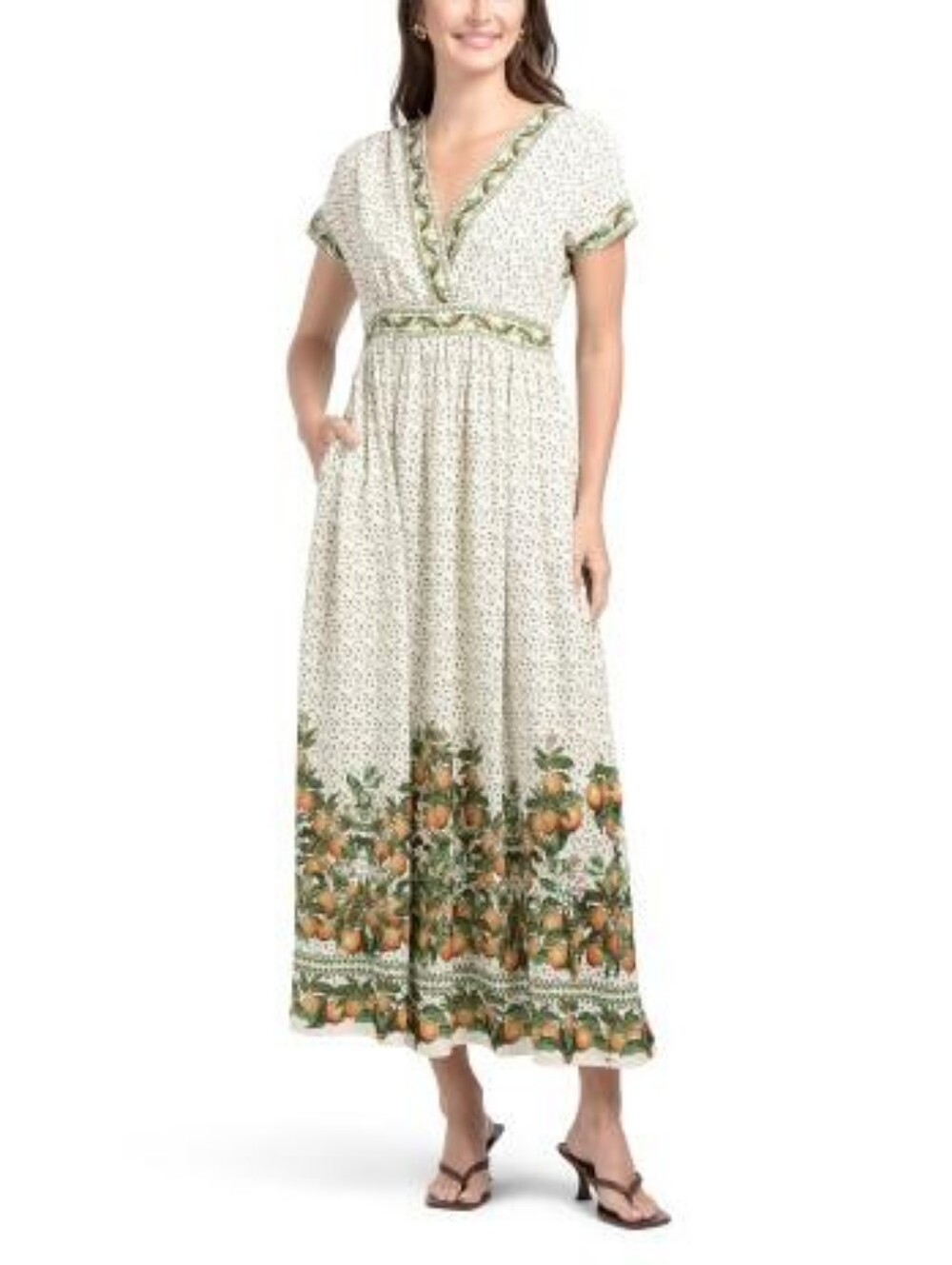 NWT-Max Studio Linen Blend Short Sleeve Surplice Cream/Orange Maxi Dress -Size L